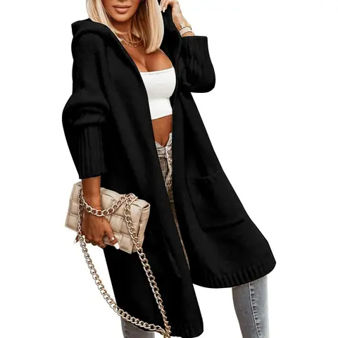 Women's Long Cardigans Cable Knitted Open Front Oversized Hooded Outerwear Sweater Coat (Black, XL)
