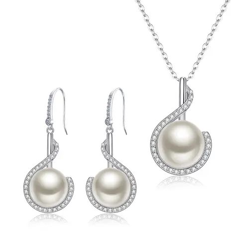 Ever Faith Cubic Zirconia and Freshwater Pearl Fully-Jewelled Pendant Necklace and Dangle Hook Earrings Set