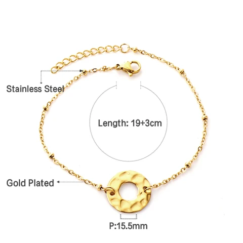 18K Gold Plated Hollow Circle Charm Bracelet, Dainty Link Chain 19+3cm, Elegant Daily Jewelry for Women