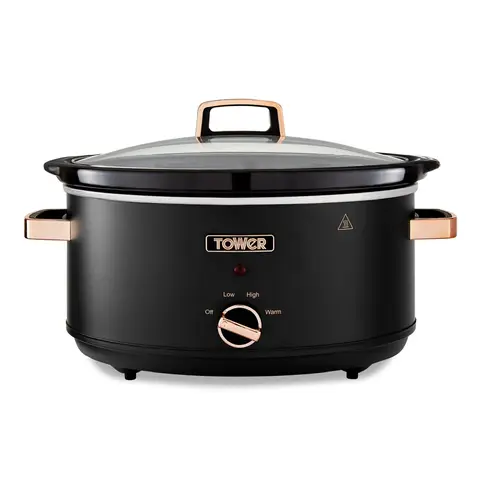Tower Cavaletto 6.5 Litre Slow Cooker - Black & Rose Gold, with 3 Heat Settings, Removable Crockpot and Cool Touch Handles, T16043BLK
