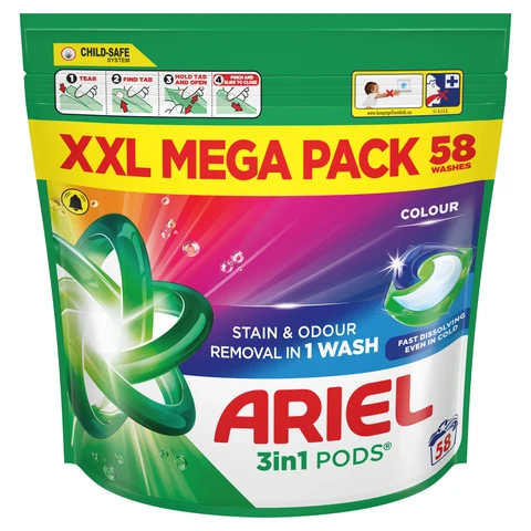 Ariel 3in1 PODS, Washing Liquid Laundry Detergent Capsules, Colour, 58 Washes