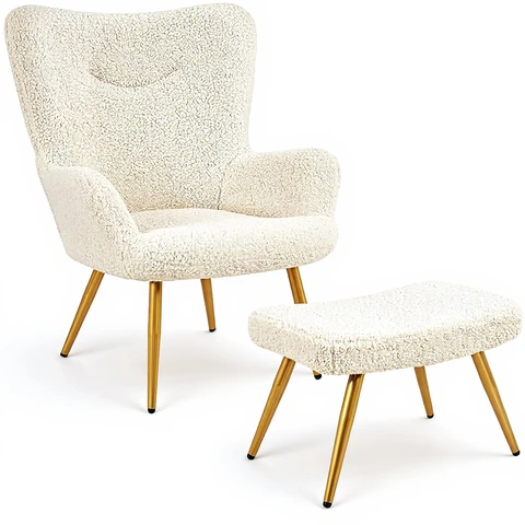 Yaheetech Ohrensessel mit Hocker Polyesterbezug, Fernsehsessel, Armlehne, Polstersessel, Relaxsessel, Cocktailsessel, Teddy-Plüsch, Stilvolles Design, Weiß