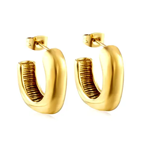 Gold Tone Chunky Square C-Shape Hoop Earrings, Polished Geometric Stainless Steel Open Hoops