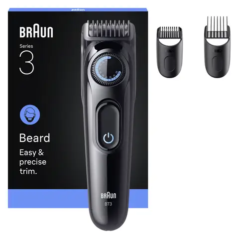 Braun Beard Trimmer Series 3, +3 Styling Tools, 40 Lengths, Sharp Blade, BT3520, Black