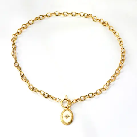 Oval Lucky Star Pendant Necklace, 45cm Gold Chain Jewelry