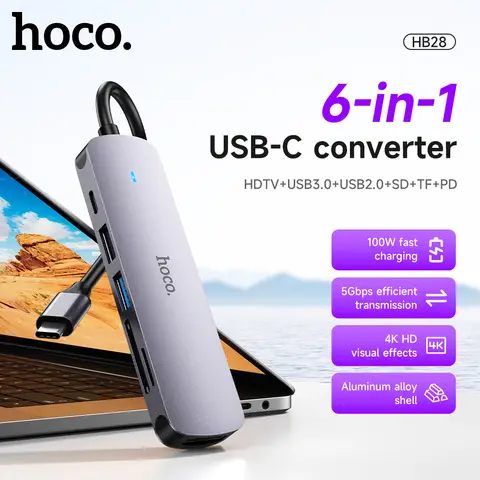 HOCO HB28 USB-C Multi-Function Converter(HDTV/ USB3.0/ USB2.0/ SD/ TF/ PD) - Metal Grey