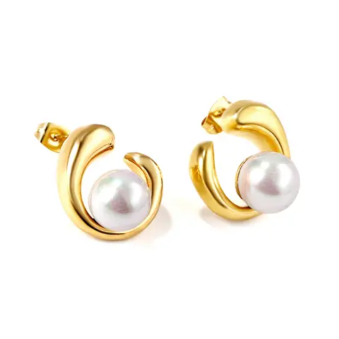 Gold Tone Swirl Open Hoop Earrings with White Pearl, Elegant Spiral Geometric Studs