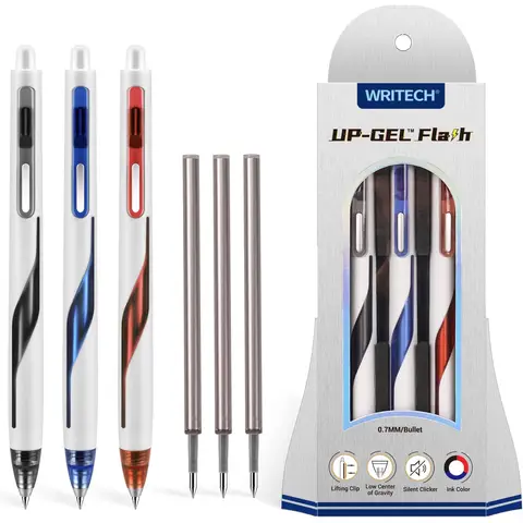 WRITECH Retractable Gel Ink Pens: Low Center of Gravity 0.7mm Medium Point Pen Multicolor with Refills No Smear Silent Click Black Blue Red 3ct Up-Gel Flash