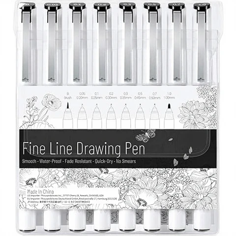 Ohuhu Fineliner Pens - 8 Pack, Waterproof, Quick Dry, Fade Resistant with 7 Assorted Tip Fine Liners & 1 Brush Pen for Drawing, Art Illustration, Sketching, Mang