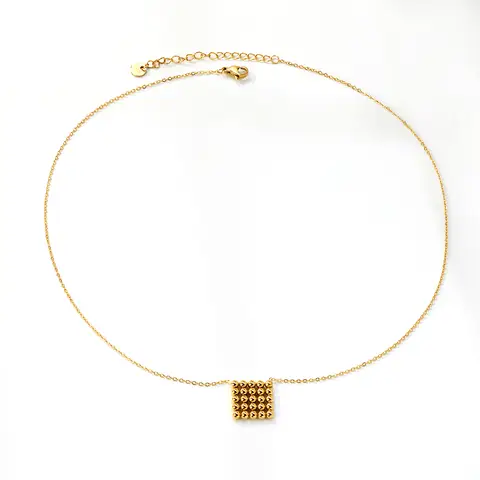 18K PVD Gold Stainless Steel Beaded Square Pendant Necklace, 45+5cm Geometric Statement