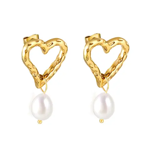 Gold Tone Textured Heart Hoop Earrings with Pearl Dangle, Romantic Geometric Heart Studs