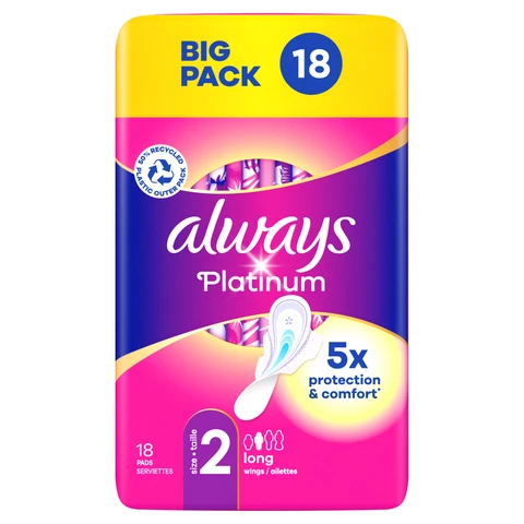 Always Platinum Long Sanitary Towels With Wings Size 2 18 Pads