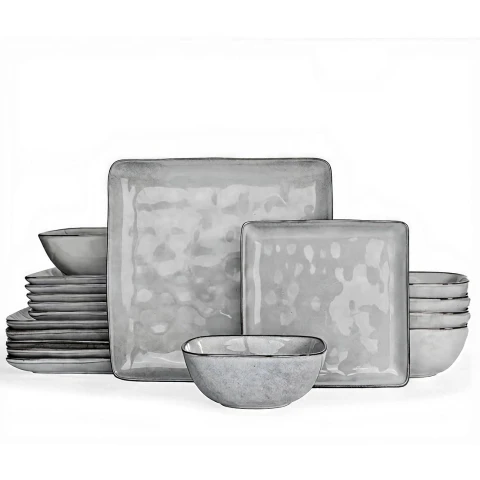 Richmount Ocean Series Geschirr-Set - 18-teilig, Quadratisch, Für 6 Personen, Keramik, Mit Servierplatten, Salattellern und Müslischalen, Spülmaschinen- und Mikrowellensicher, Grau
