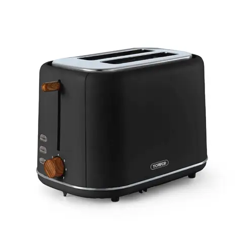 Tower Scandi 2 Slice Toaster, Adjustable Browning Control, Wide Slots, 800W, Black & Wood-Effect Accents - T20027BLK
