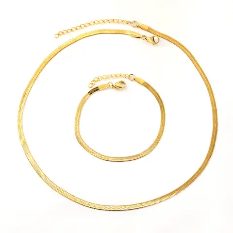 Flat Snake Bone Herringbone Chain Set, Wide Blade Bracelet & Choker Necklace, Retro 18K Gold PVD Stainless Steel