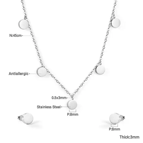 Silver Tone Circular Jewelry Set, Polished Stainless Steel Round Pendant Necklace and Earrings
