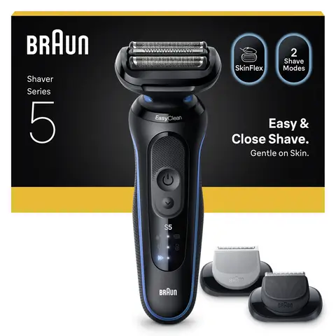 Braun Series 5 52-B1650S Wet & Dry Electric Shaver, Up to 50 min, +2 Attachments, Cordless, Blue