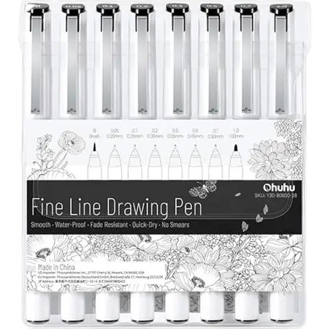 Ohuhu Fineliner Pen Set， 8-Pack with 7 Assorted Fine Liners & 1 Brush Pen， Waterproof & Quick-Dry Black Ink for Drawing， Sketching， Manga， and Art Illustration, New Year Sale , Top gift picks