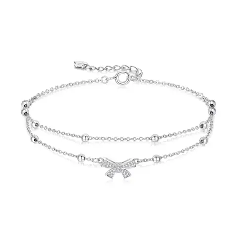 Ever Faith Layered Bowknot Bracelet with Sparkly White Cubic Zirconia and Tiny Beads on Adjustable Link Chain