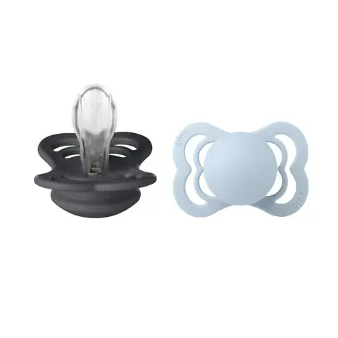 BIBS Soother Supreme Silicone Size 2 6+ Months 2 Pack Iron/Baby Blue