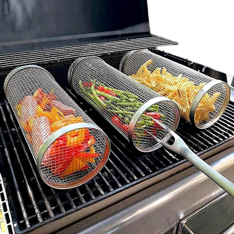 Huacan Roestvrij staal Barbecue kooi met vork Outdoor cilinder Grill mand gerookt gaas trommel zilver Rollende Grill