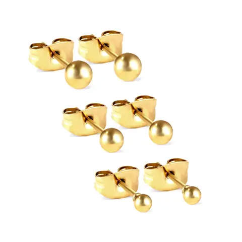 3 Pairs Gold Ball Stud Earrings Set – 18K PVD Gold Plated Stainless Steel Round Bead Studs (Graduated Sizes)
