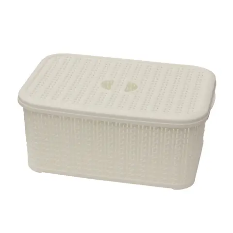 JVL Knit Design Loop Plastic Lidded Rectangular Storage Basket with Handles – Ivory