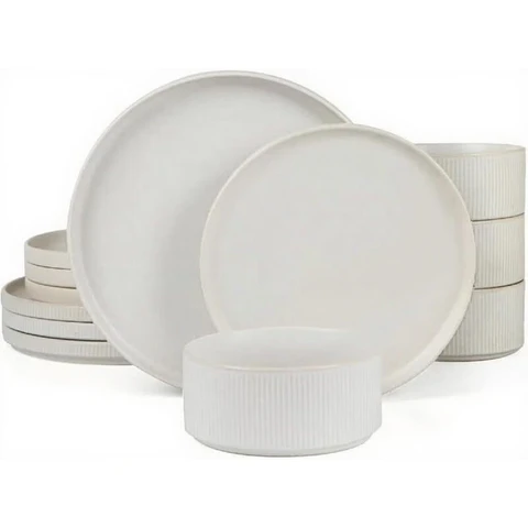 Stern-Teller- und Schüsselset, 12-teiliges Geschirrset für 4 Personen, Steingut-Geschirrsets mit Esstellern/Salattellern/Müslischalen, Spülmaschinen- & Mikrowellengeeignet, Matt Weiß