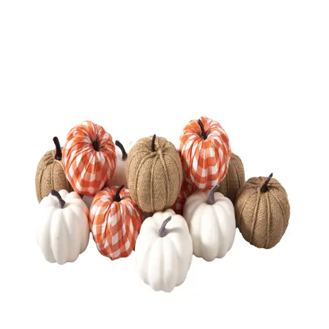 Marrybox Fall Decorative Pumpkins Plush Orange/Hessian/White 12pcs
