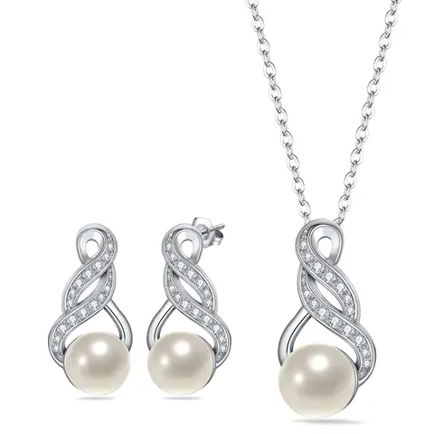Ever Faith Cubic Zirconia and Freshwater Cultured Pearl Infinity Pendant Necklace and Dangle Earrings Set