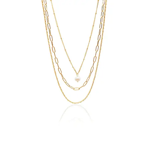 18K Gold Plated Triple Layered Necklace Set with Pearl and Rectangular Pendant