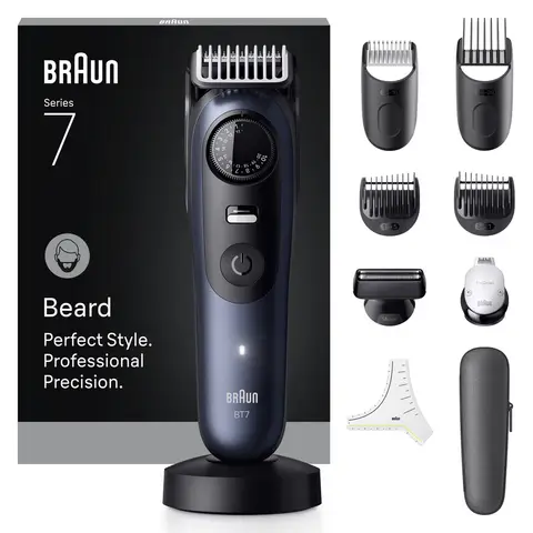 Braun Beard Trimmer Series 7, +10 Barbering Tools, 40 Lengths, ProBlade, BT7540, Blue