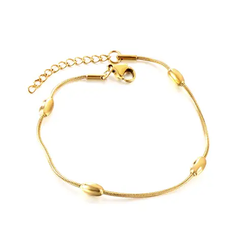 18K Gold Plated Stainless Steel Oval Bead Charm Bracelet, Minimalist Dainty Link Chain for Women (17+3cm)