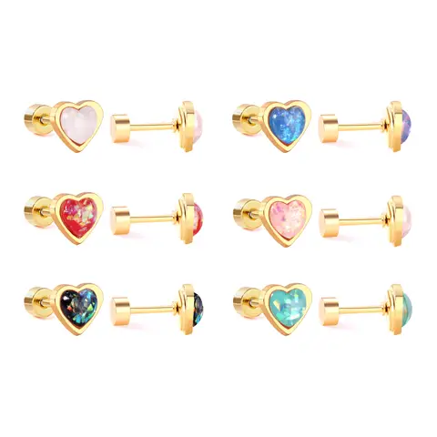 18K Gold PVD Heart Stud Earrings with Colorful Stone Inlay, Surgical Steel Screw Backs