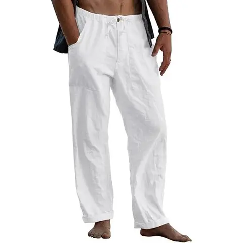 Men's Linen Trousers, Long Wide Summer Trousers, Drawstring Yoga Pants with Pockets, Airy Sun Protection Beach Trousers (white, M)