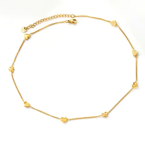 18K Gold PVD Plated Multi-Heart Charm Necklace, 8 Peach Heart Pendants, 40+5cm