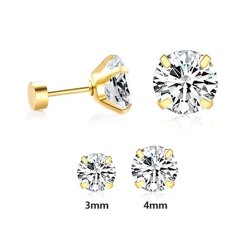 Gold Round Cubic Zirconia Stud Earrings - 3/4mm 4-Prong Set White CZ Screw Back Earrings, 18K Gold Plated Stainless Steel