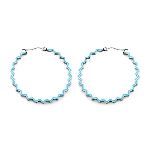 45mm Silver Tone Stainless Steel Round Hoop Earrings, Blue Beaded Decorative Circle Hoops