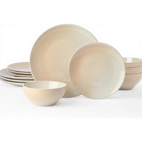 Richmount Gletscher Serie Geschirrset - 12-teiliges Keramikset für 4 Personen - Enthält Essteller/Salatteller/Müslischalen - Spülmaschinen- und Mikrowellengeeignet - Farbverlauf Rosa Beige
