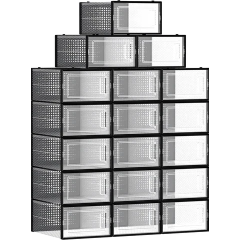 SONGMICS Schoenopbergdozen Schoenorganiser Plastic Dozen Opvouwbaar Stapelbaar - Set van 18 - Zwart
