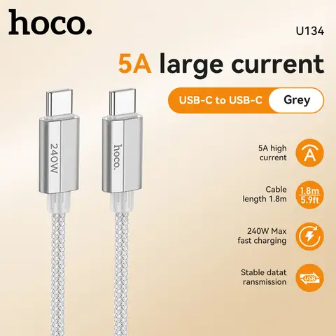 HOCO U134 5A USB-C to USB-C Charging Cable - 1.8M - Grey