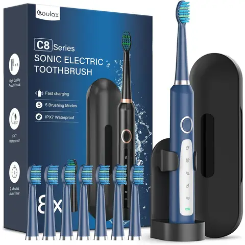 Coulax Hollow-Cup Sonic Electric Toothbrush - 40,000 VPM, 5 Modes, 120-Day Battery, 8 DuPont Brush Heads, Travel Case & Stand - Deep Blue