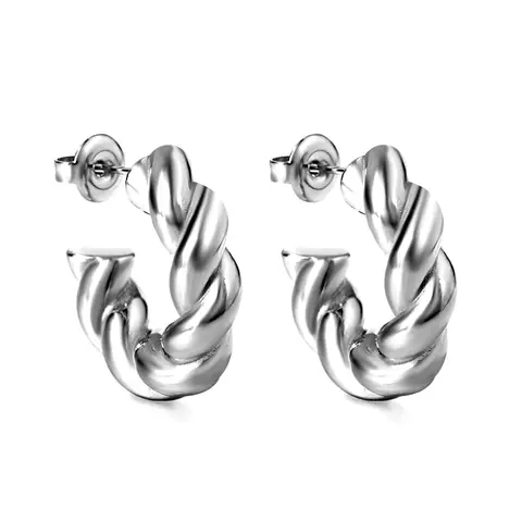 Silver Tone Twisted Rope C-Shape Hoop Earrings, Polished Textured Stainless Steel Open Hoops