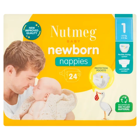  Nutmeg Newborn Nappies Size 1 2-5 Kg 24 Nappies