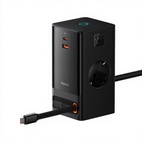Baseus PowerCombo Digital PowerStrip 2AC+1U+1C+Retractable-C 65 W mit 1,5 m Netzkabel EU Schwarz