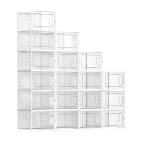 Plastic Shoe Box, Pack of 18, 35.0 x 25.2 x 19.0cm, Transparent and White