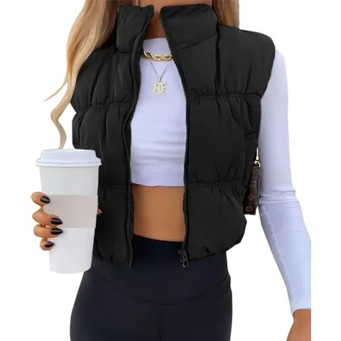 Women's Crop Puffer Vest Winter Zip Up Lightweight Sleeveless Warm Outerwear Padded Coat (black, XL)