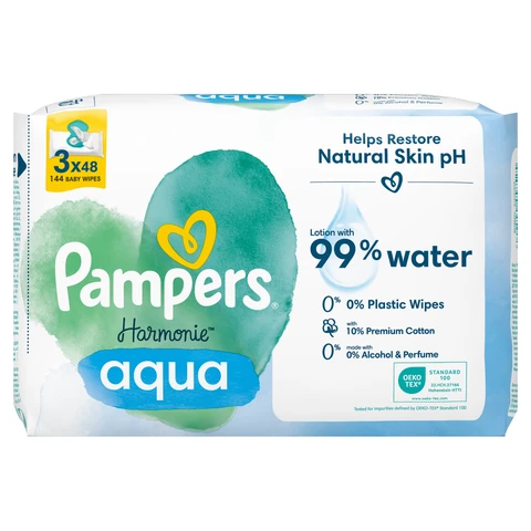 Pampers Harmonie Aqua Baby Wipes Plastic Free 3 x 48 Pack 144 Wipes