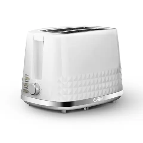 Tower Solitaire 2 Slice Toaster, 850W, Wide Slots, 3D Diamond Textured, White & Chrome Accents - T20082WTH