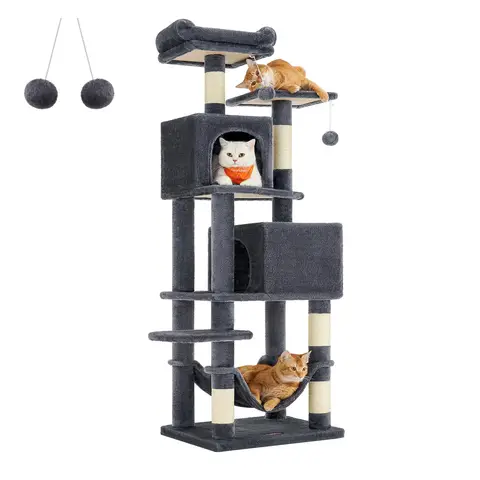 Feandrea Cat Tree, Plush Multi-Level Cat Condo, 49×40×150cm, Smoky Grey